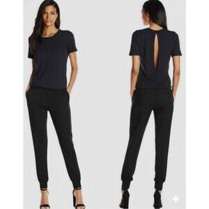 MONROW Gray Burnout Tee Black Crepe Pants Jumpsuit Large Pockets Casual Chic